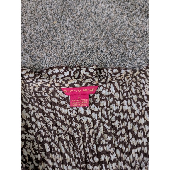 Sunny Leigh Brown Abstract Animal Print Ruffle V-Neck Bell Sleeve Y2K Mini Dress - Picture 3 of 4